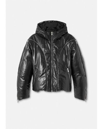 Versace Leather Zip Puffer Jacket - Black