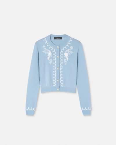 Versace Embroidered Cashmere Knit Cardigan - Blue