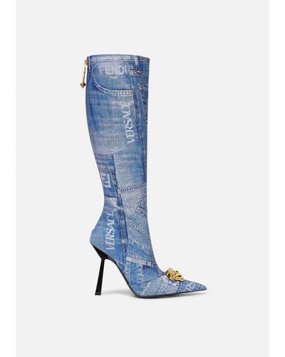 Versace Fendace Denim Patchwork Boots - Blue