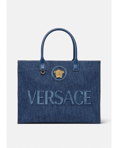 Versace La Medusa Denim Large Tote Bag - Blue