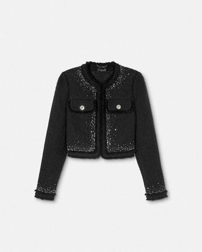 Versace Embellished Tweed Cardigan Jacket - Black