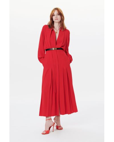 Victoria Beckham Long Sleeve Pleated Shirt Dress In Red