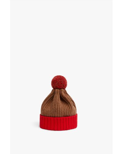 Victoria Beckham Pom Pom Hat In Camel & Bright Red