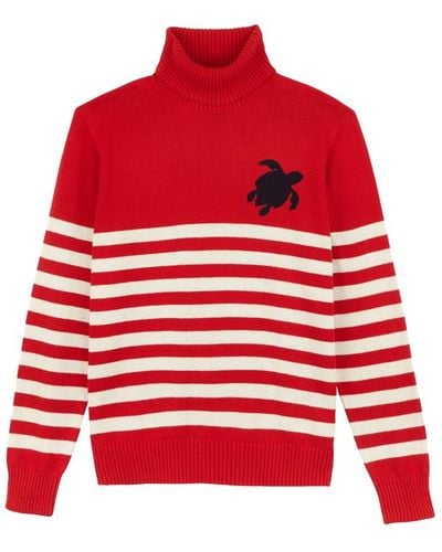Vilebrequin Maglione dolcevita uomo in cotone e lana a righe jacquard tortue - pullover - flegere - Rosso