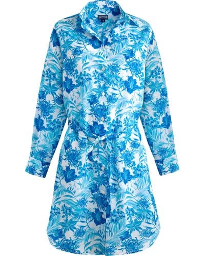 Vilebrequin Cotton Voile Shirt Dress Tahiti Flowers - Blue
