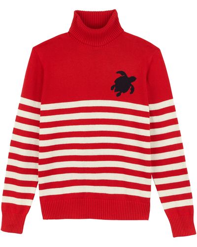 Vilebrequin Cotton And Cashmere Turtleneck Striped Pullover Jacquard Turtle - Red