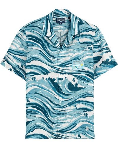 Vilebrequin Linen Bowling Shirt Wave - Blue