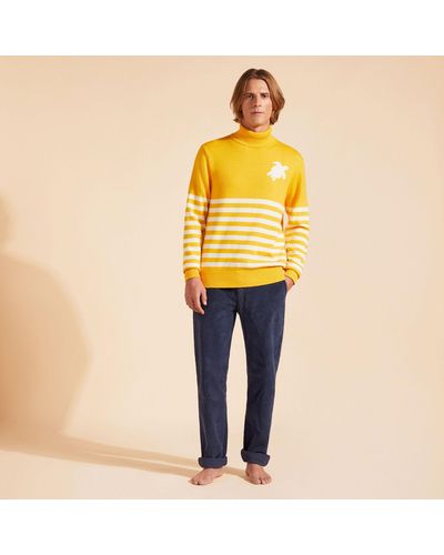 Vilebrequin Cotton And Cashmere Turtleneck Striped Pullover Jacquard Turtle - Yellow