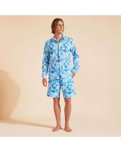 Vilebrequin Cotton Voile Lightweight Shirt Tahiti Flowers - Blue