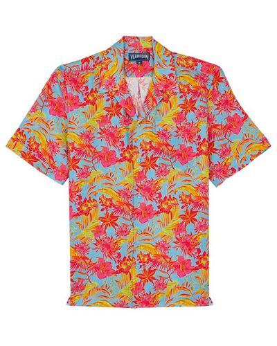 Vilebrequin Camicia bowling uomo in lino tahiti flowers - camicia - charli - Rosso