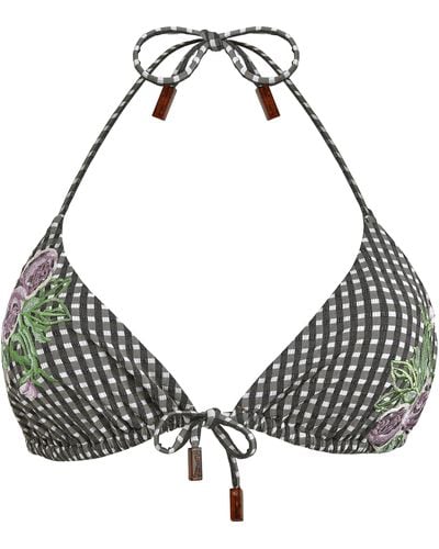 Vilebrequin Triangle Bikini Top Pocket Check Embroidered Flowers - Black