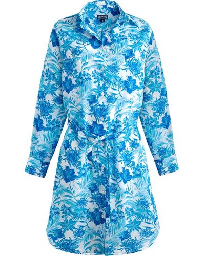 Vilebrequin Robe chemise en voile de coton organique femme tahiti flowers - florence - Bleu