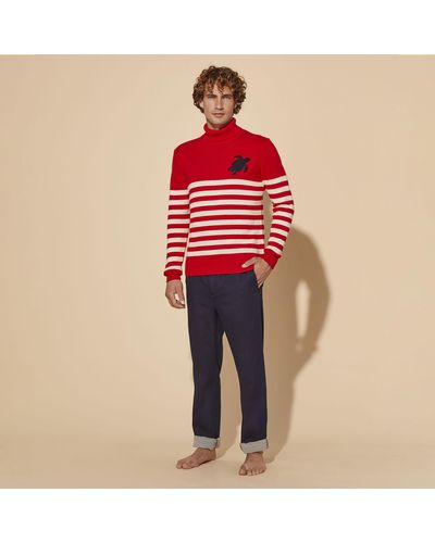 Vilebrequin Cotton And Cashmere Turtleneck Striped Pullover Jacquard Turtle - Red