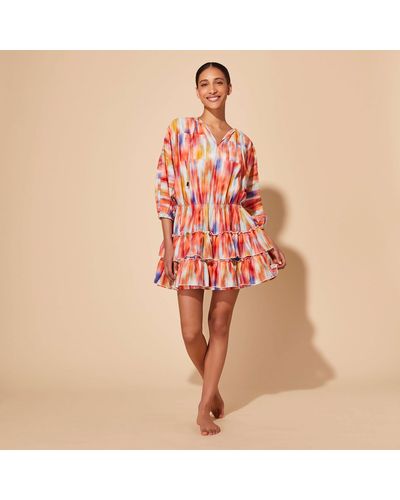 Vilebrequin Cotton Ruffled Dress Ikat Flowers - Orange
