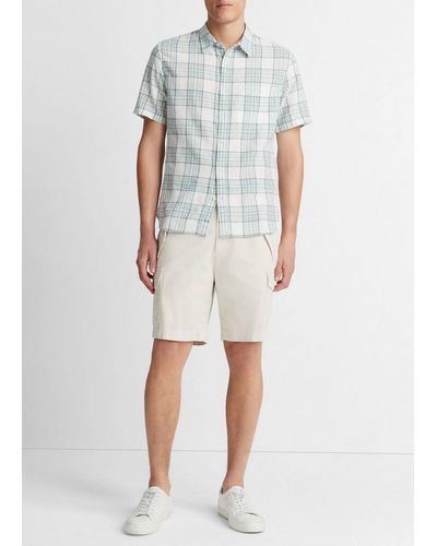 Vince Kino Plaid Linen-cotton Short-sleeve Shirt, Mirage Teal/optic White, Size Xs