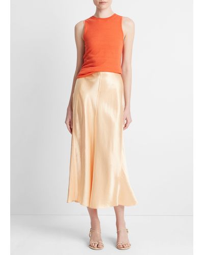 Vince Satin Raw-edge Paneled Slip Skirt, Cantaloupe, Size 4 - Orange