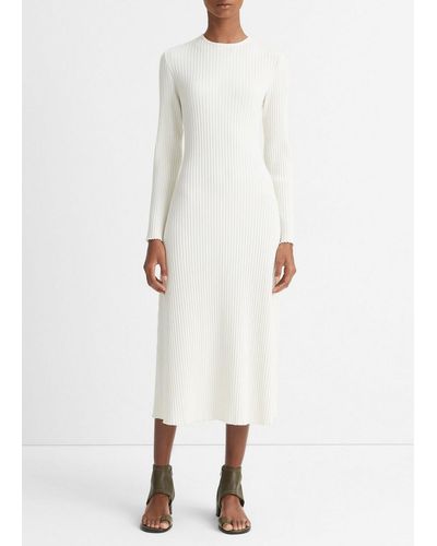 Vince Ribbed Long-sleeve Crew Neck Dress, White, Size Xl