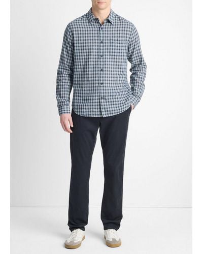 Vince Summit Plaid Linen-Cotton Long-Sleeve Shirt, Venice/ Cloud - Blue