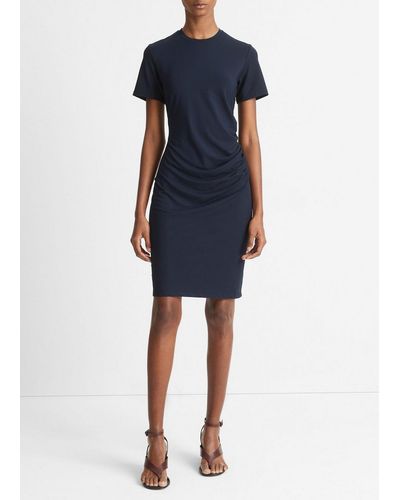 Vince Ruched Short-sleeve Dress, Blue, Size Xxs