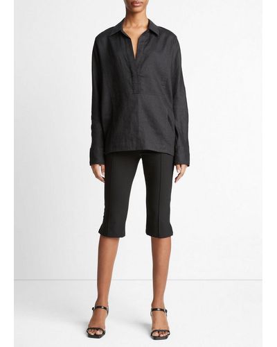 Vince Linen Relaxed Kangaroo-pocket Pullover Shirt, Black, Size S