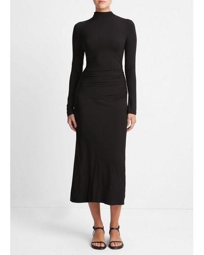 Vince Ruched Long-sleeve Turtleneck Dress, Black, Size S