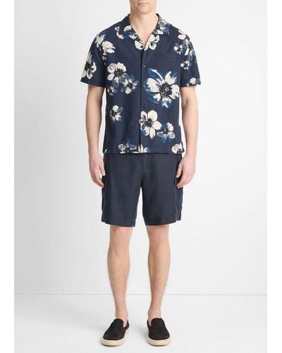 Vince Blossoms Linen-Blend Button-Front Shirt, Coastal/Morning Haze - Blue