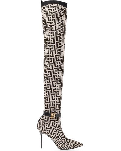 Balmain Monogram Over-the-knee Raven Boots 110 - Grey