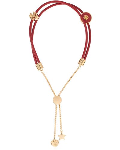 Tory Burch 'kira' Leather Bracelet With Logo - Red