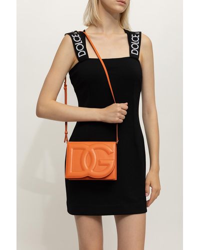 Dolce & Gabbana Leather Shoulder Bag With Logo, - Orange