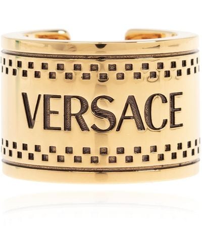 Versace Brass Ring With Logo, - Metallic