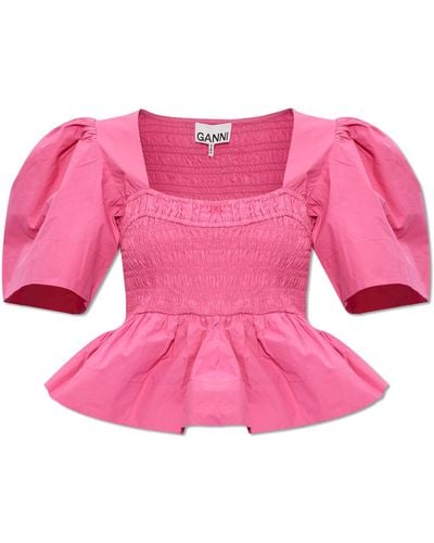 Ganni Top With Short Sleeves, - Pink