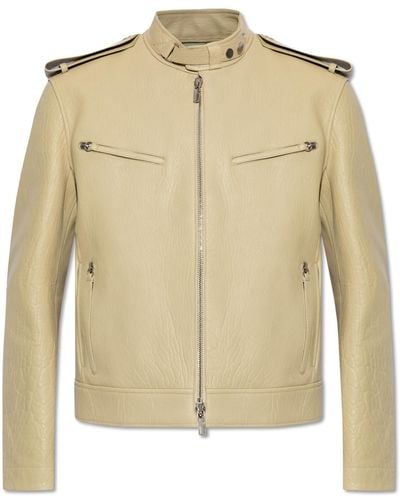 Burberry Leather Jacket With A Stand-Up Collar - Natural
