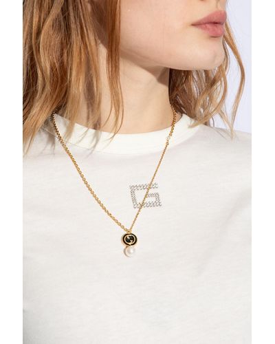 Gucci Blondie Black-enamel Interlocking-g And Pearl Gold-toned Metal Necklace - Yellow