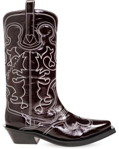 Ganni Cowboy Boots With An Embroidered Pattern, - Brown