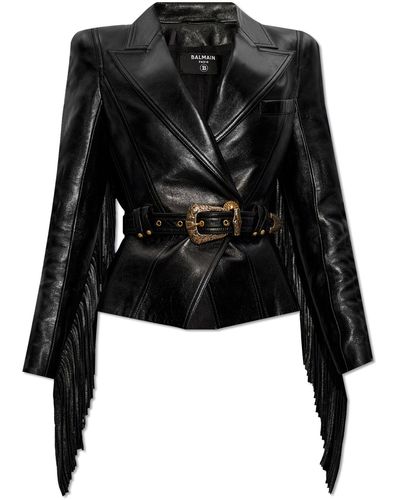 Balmain Leather Jacket With Fringes, - Black