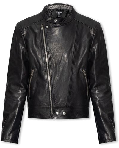 Balmain Leather Jacket With Stand Collar - Black