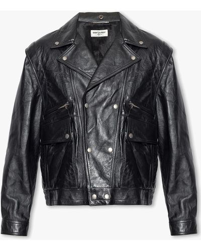 Saint Laurent Leather Jacket With Detachable Sleeves - Black