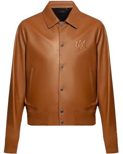 Amiri Leather Jacket With Logo, - Brown