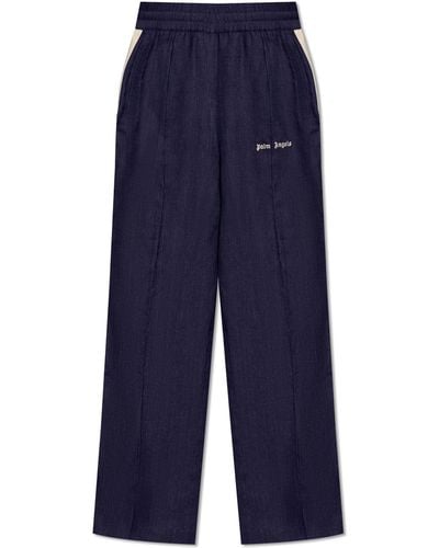 Palm Angels Linen Trousers With Logo, - Blue