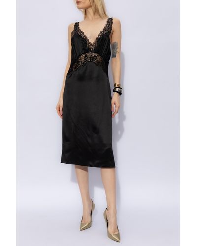 Saint Laurent Floral Lace-trim Silk-satin Slip Dress - Black