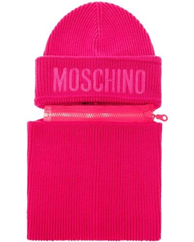 Moschino Beanie With Detachable Tube Scarf, - Pink