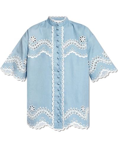 Zimmermann Linen Shirt With Broderie Anglaise, - Blue