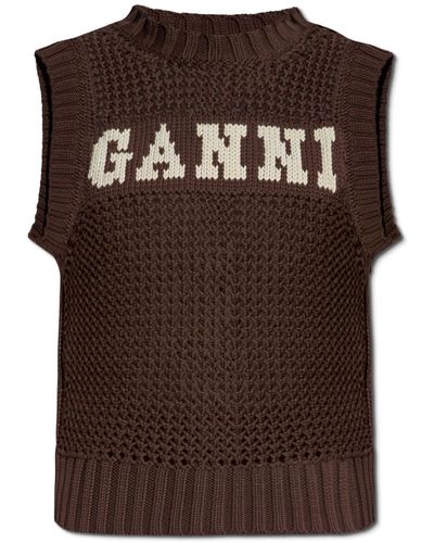 Ganni Vest With Logo, - Brown