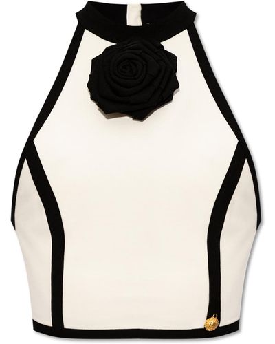 Balmain Short Top With A Rose-Shaped Appliqué - Black