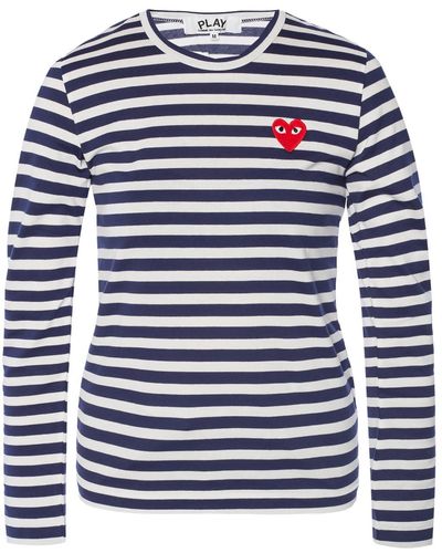 COMME DES GARÇONS PLAY T163 Red Heart Stripe T-shirt Blue