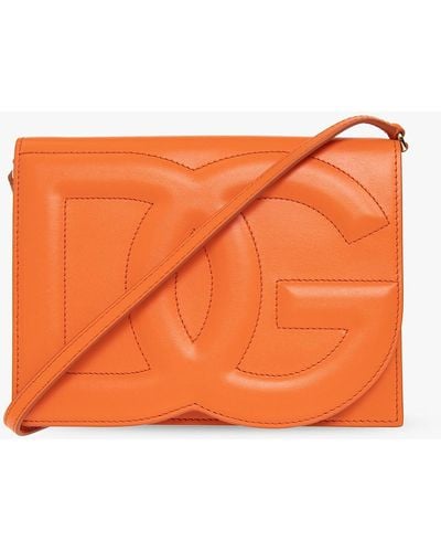 Dolce & Gabbana Leather Shoulder Bag With Logo, - Orange