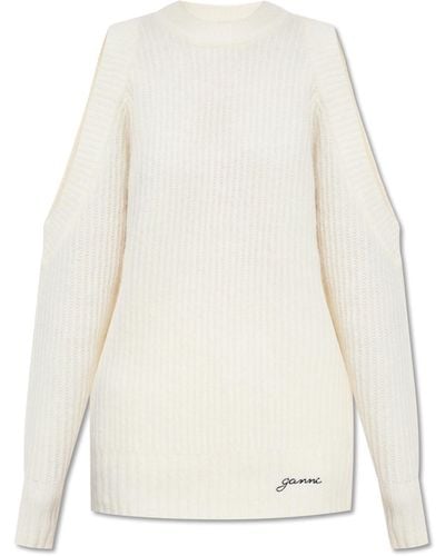 Ganni Open Shoulder Knitted Sweater - White