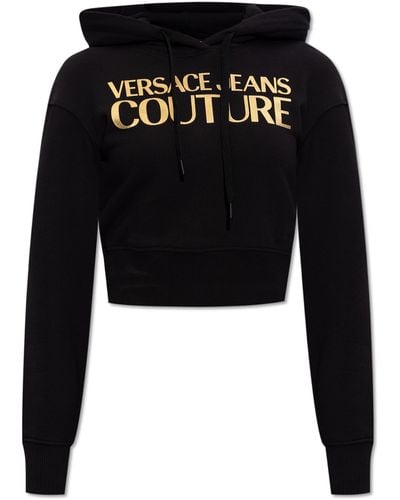 Versace Jeans Couture Cropped Hoodie With Logo, - Black