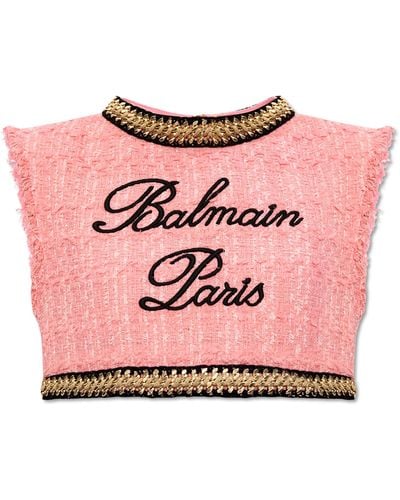 Balmain Short Tweed Top, - Pink