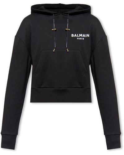 Balmain Cropped Sweatshirt With Flocked Logo Print - Black